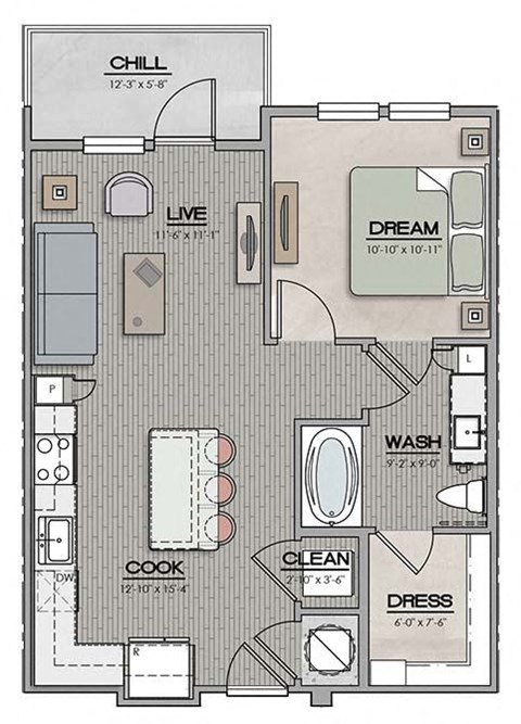 1 Bedroom 1 Bath A Floor Plan at The Jamestown Apartment Flats, Richmond, VA